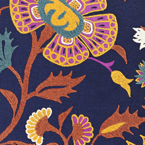 Decorative fabric with pink, yellow, rust, teal, and white hued paisley pattern on a dark blue background