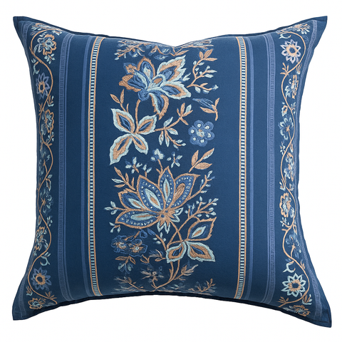 Decorative pillow with floral embroidery on a blue background